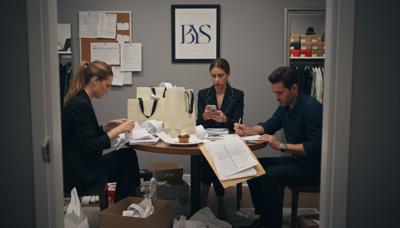 Associates reviewing timesheets in luxury backroom