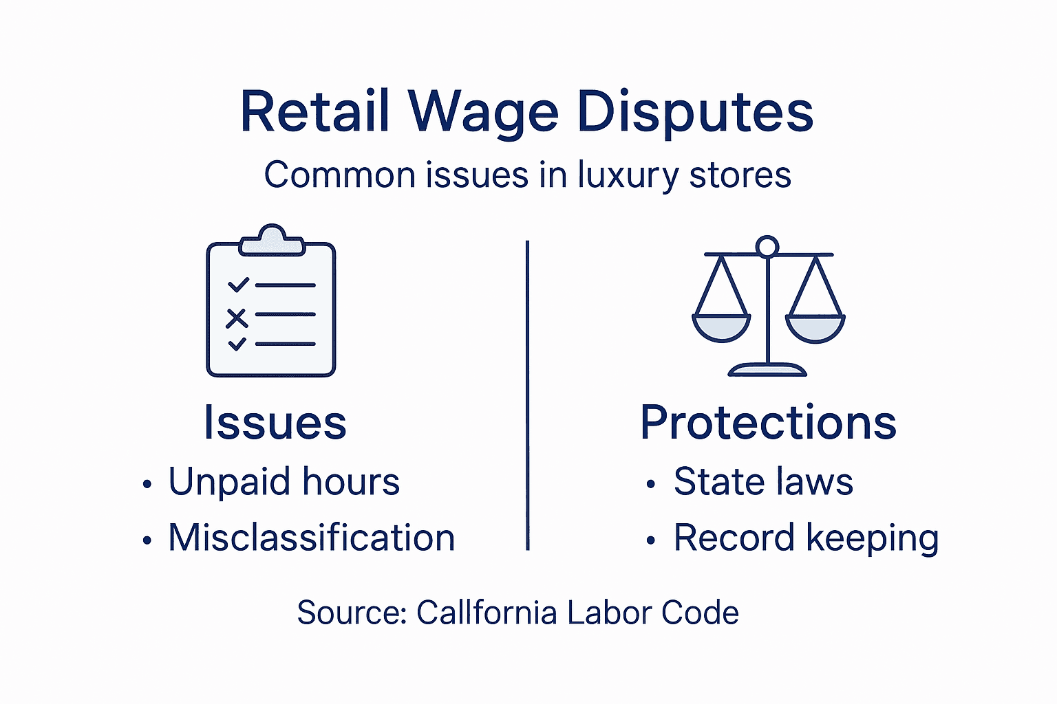 Infographic of luxury retail wage dispute issues and protections