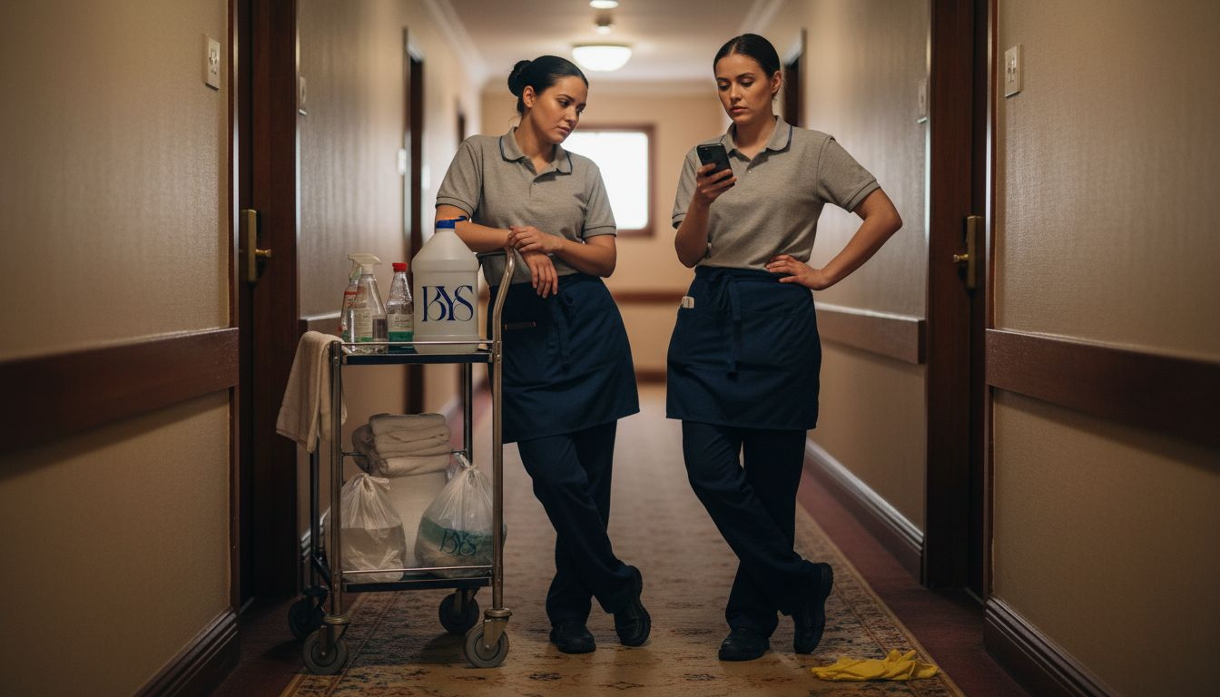 Female hotel workers in hallway with cleaning cart
