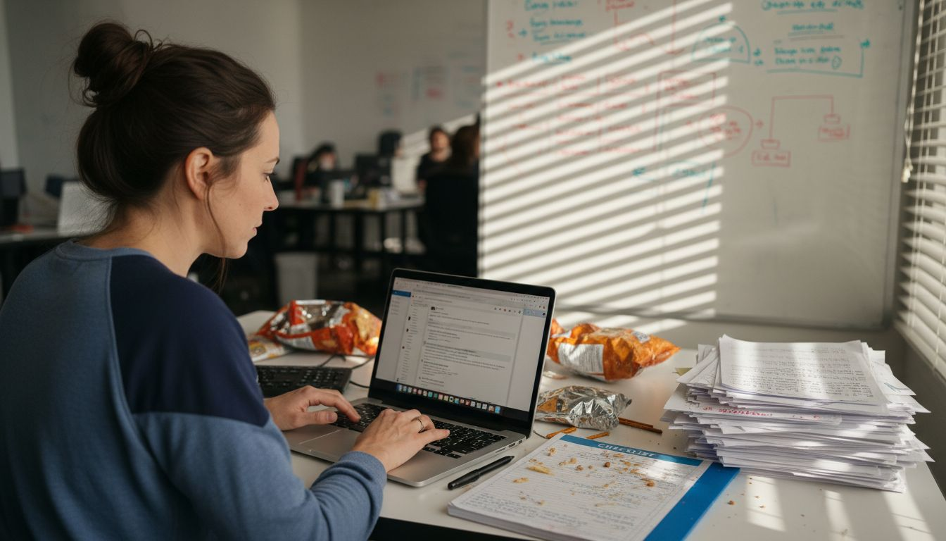 Woman reading email at cluttered Hollywood desk
