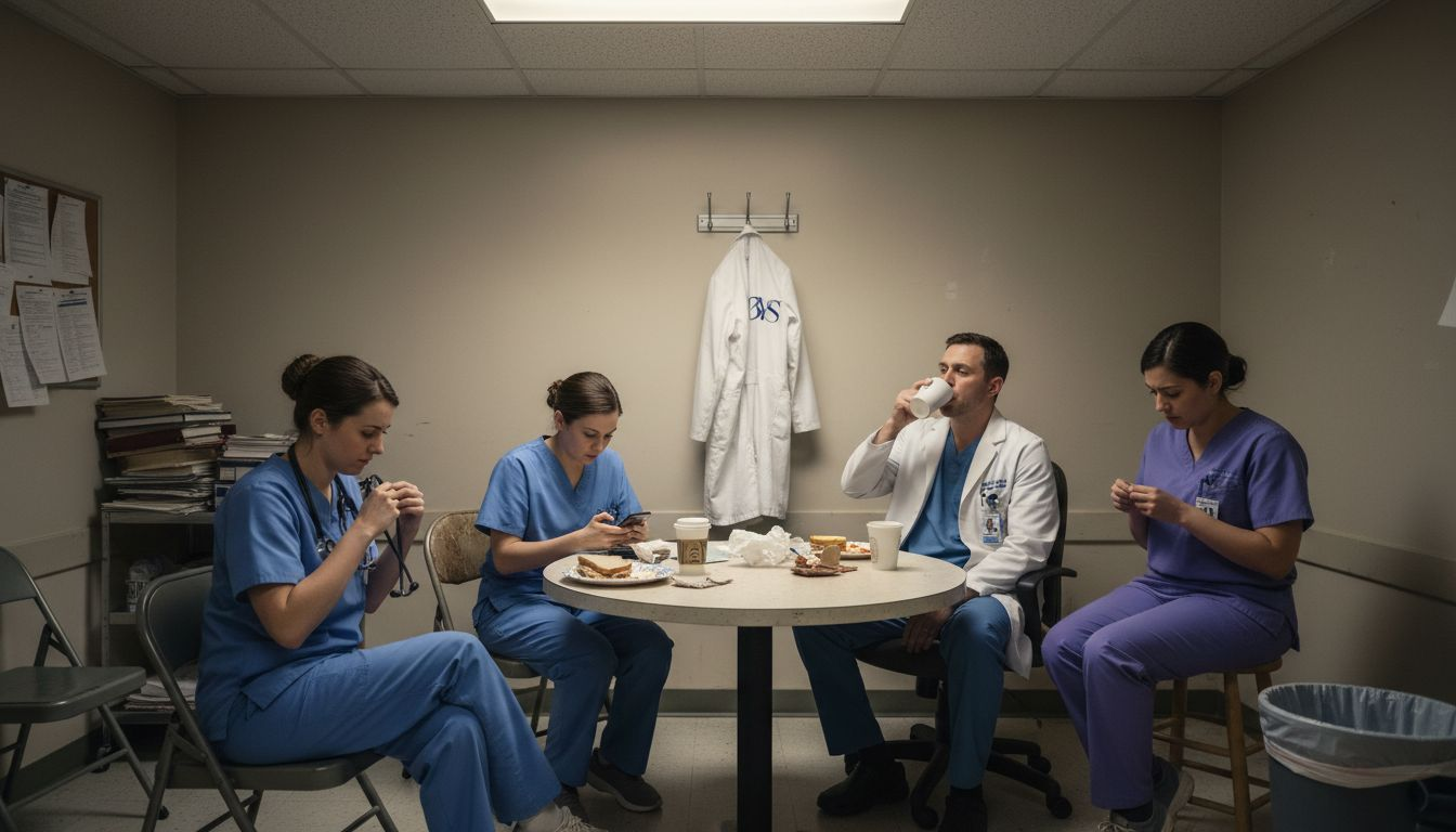 Tense hospital staff in crowded break room
