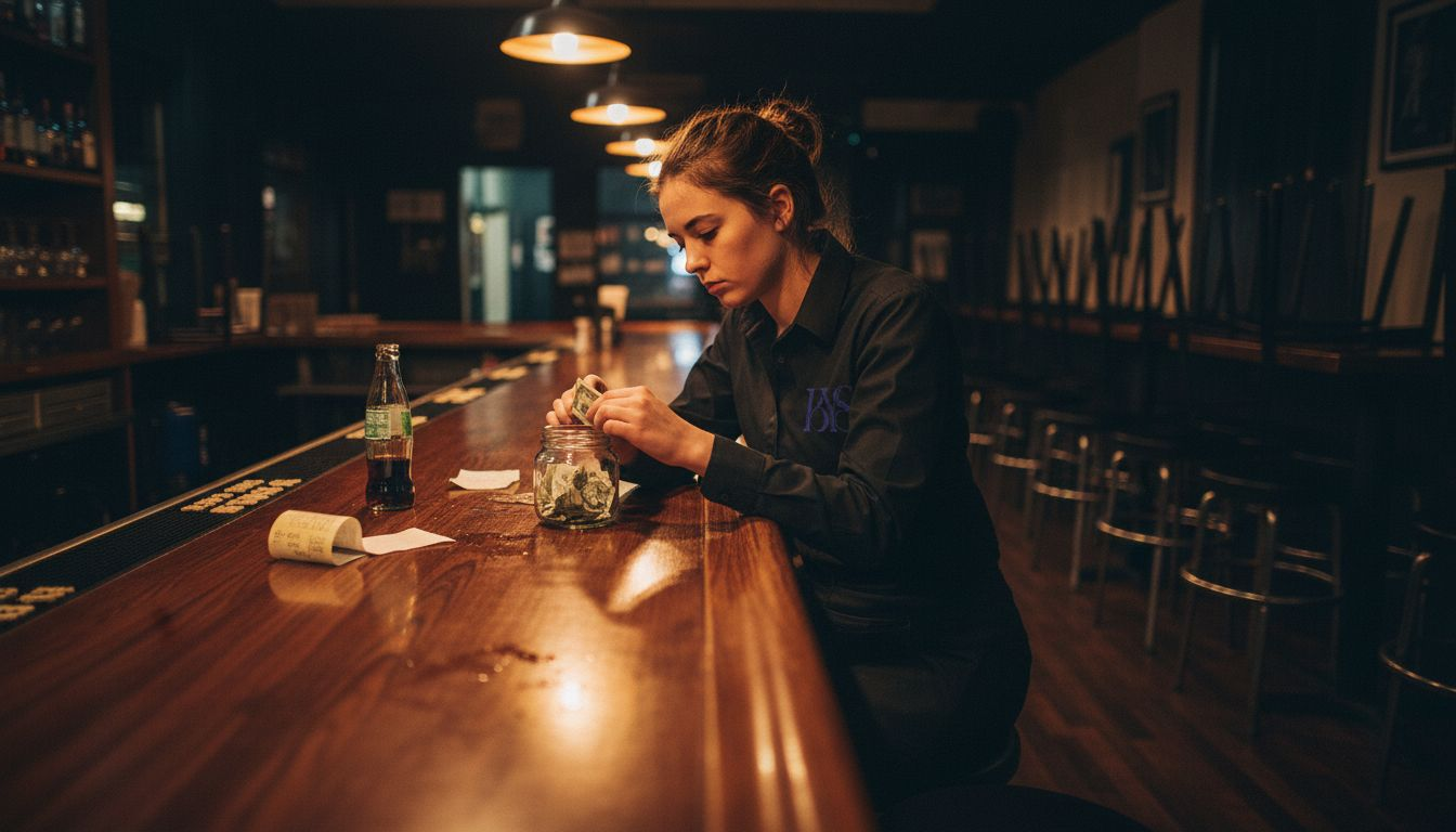 Exhausted server counting tips late at night