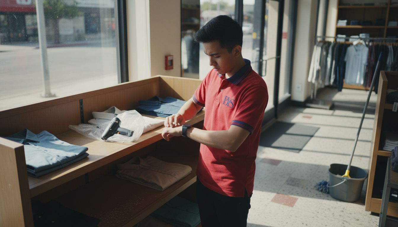 Retail worker sets up display pre-shift