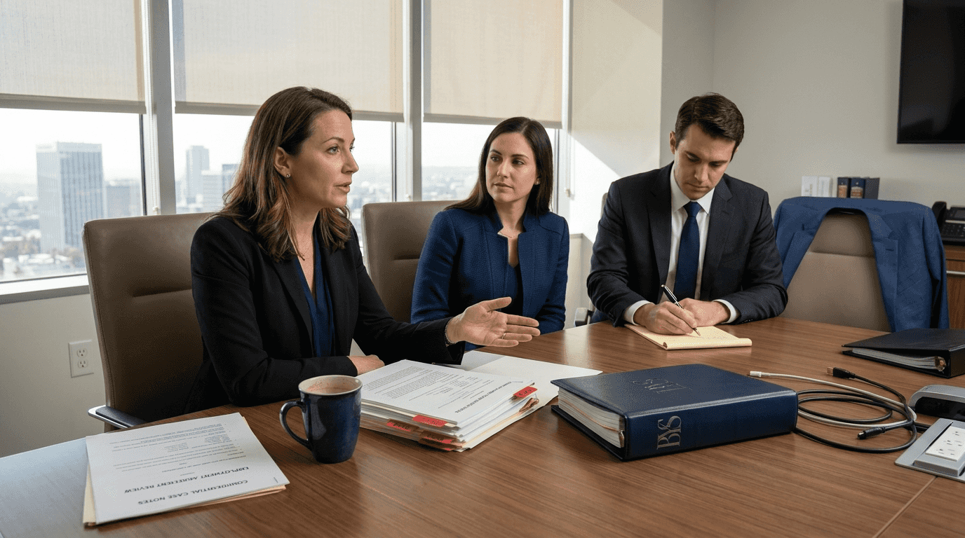 Lawyers discussing private equity lawsuit strategy