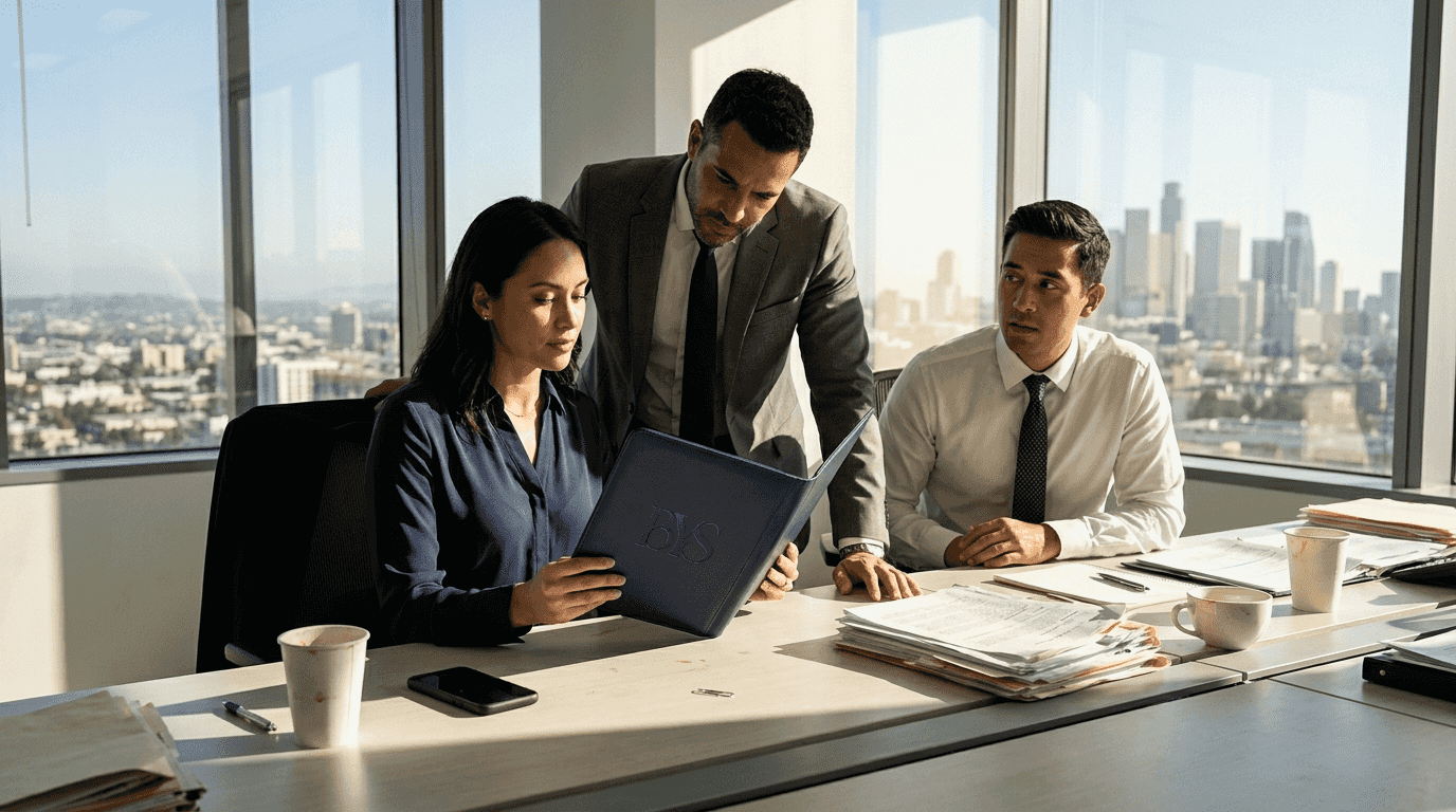 Finance employees discussing in tense office scene