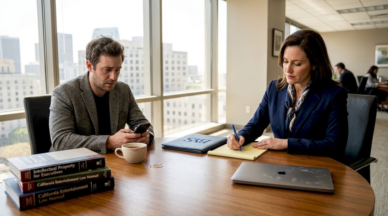 Lawyer consults client about contract strategy