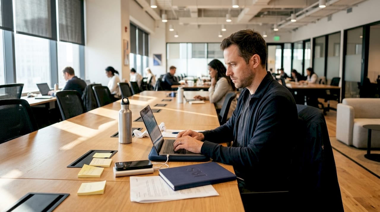 Man documenting harassment claim at shared desk