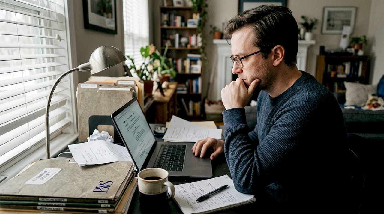 Television writer revising at living room desk