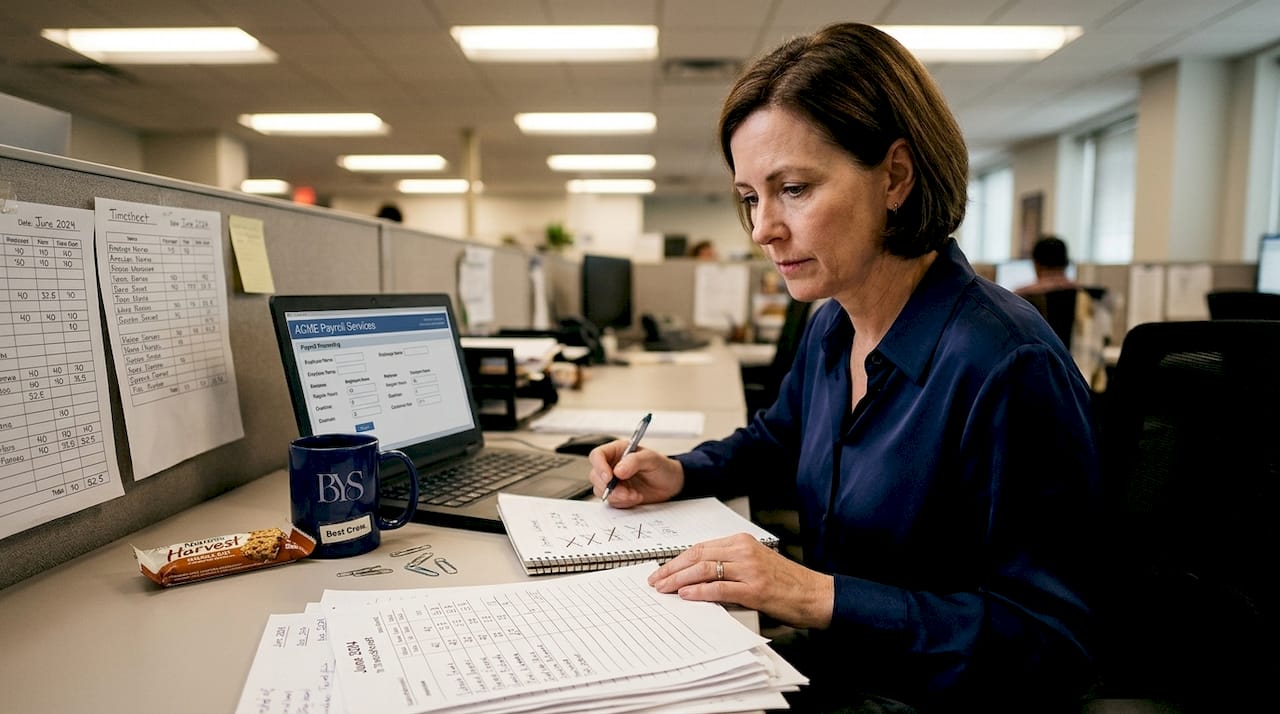 Payroll manager reviews timesheets at office desk