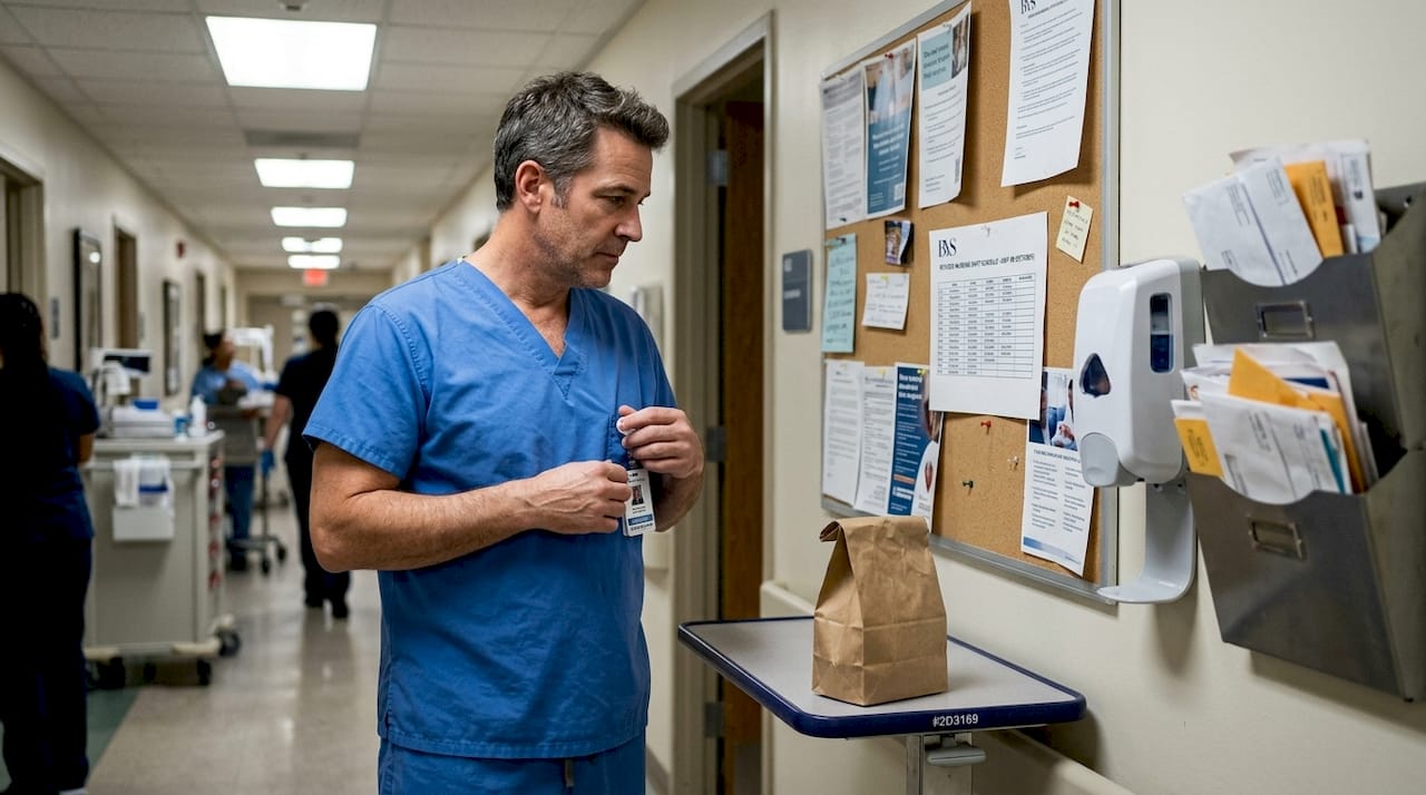 Nurse reviews staff schedule with concerned look