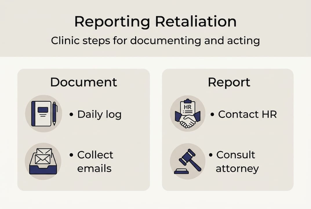 Infographic with retaliation reporting steps and categories