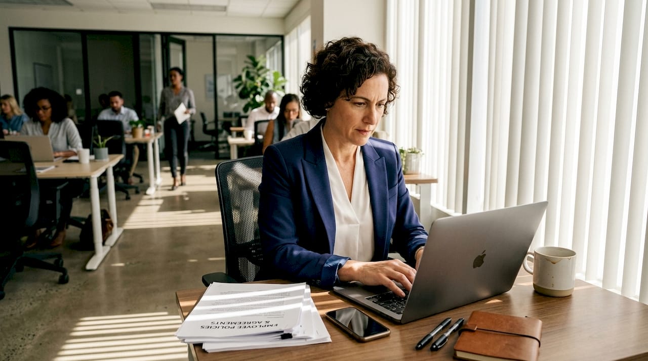 Meta executive works at desk with HR documents