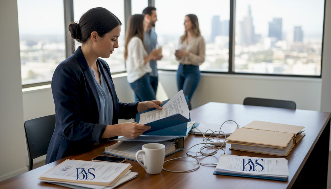 Paralegal organizing files noticing subtle exclusion