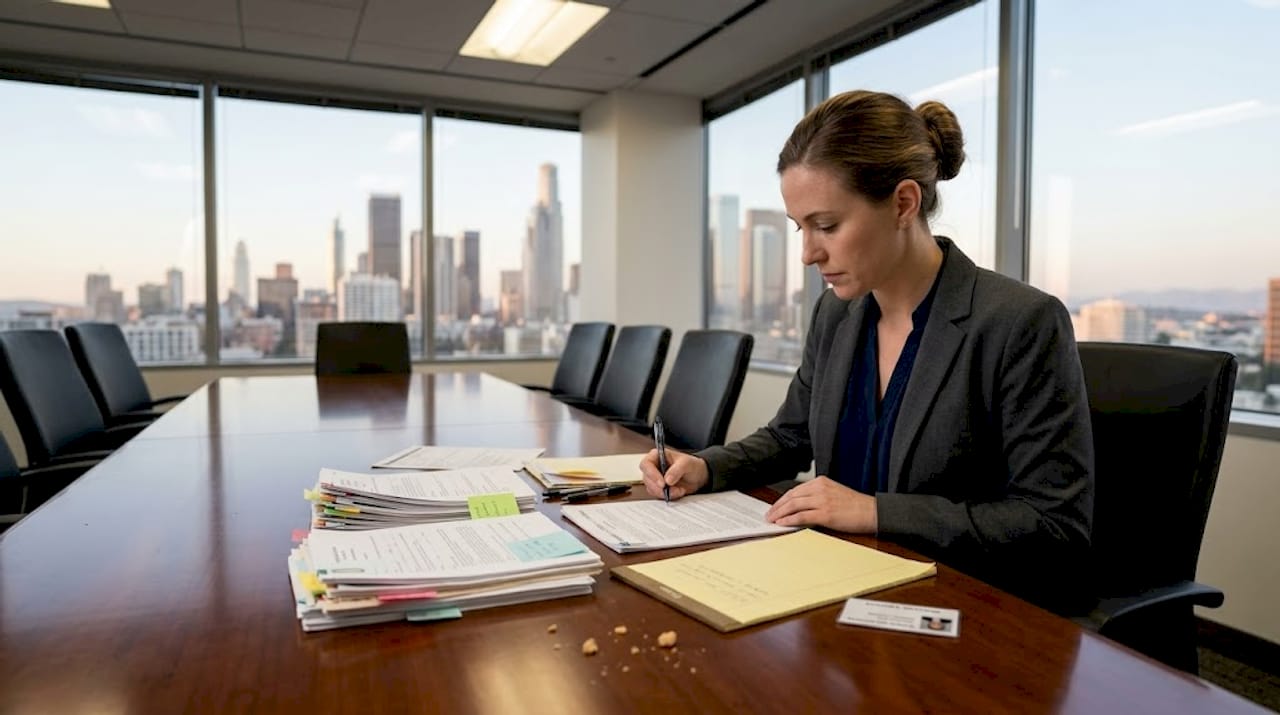 Museum staff reviewing workplace lawsuit documents