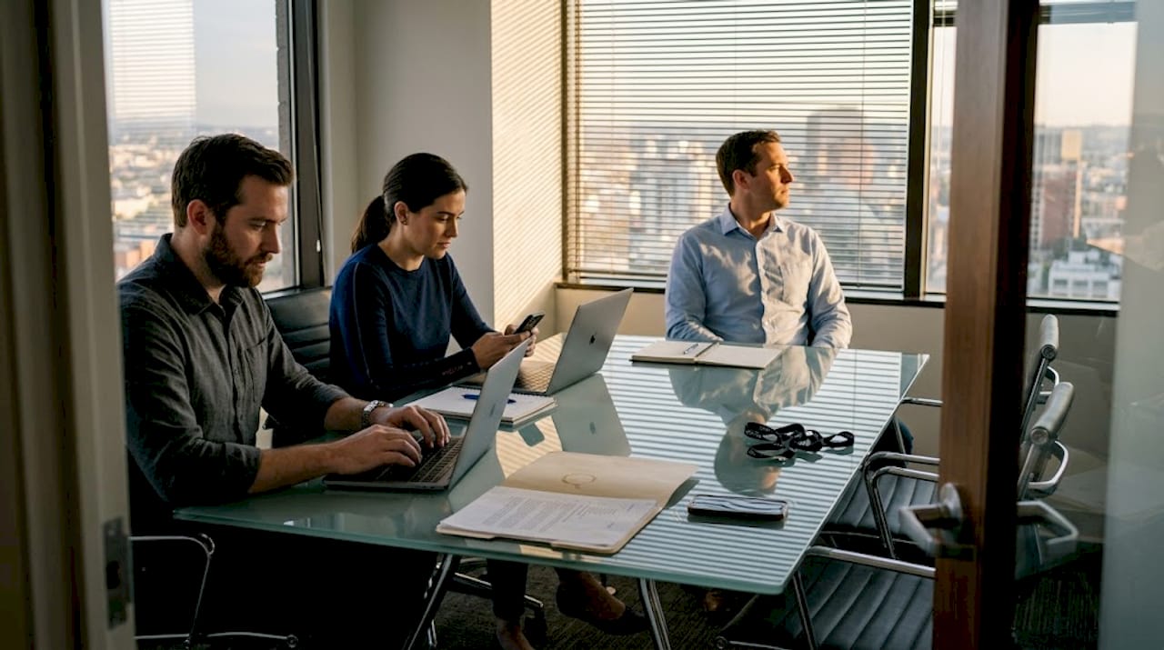 Tense discussion in glass meeting room