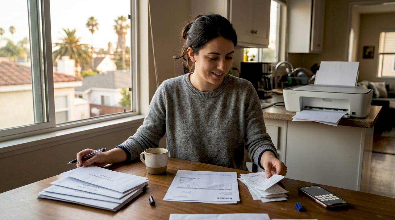 Freelancer handling invoices and receipts at kitchen table