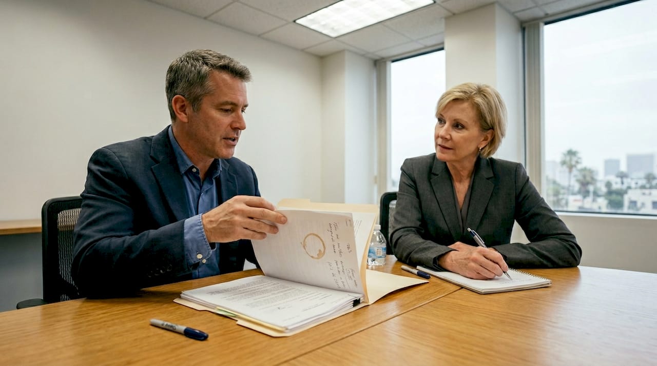 Lawyer and executive discuss legal paperwork