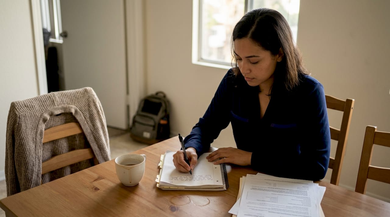 Worker documenting incidents at kitchen table