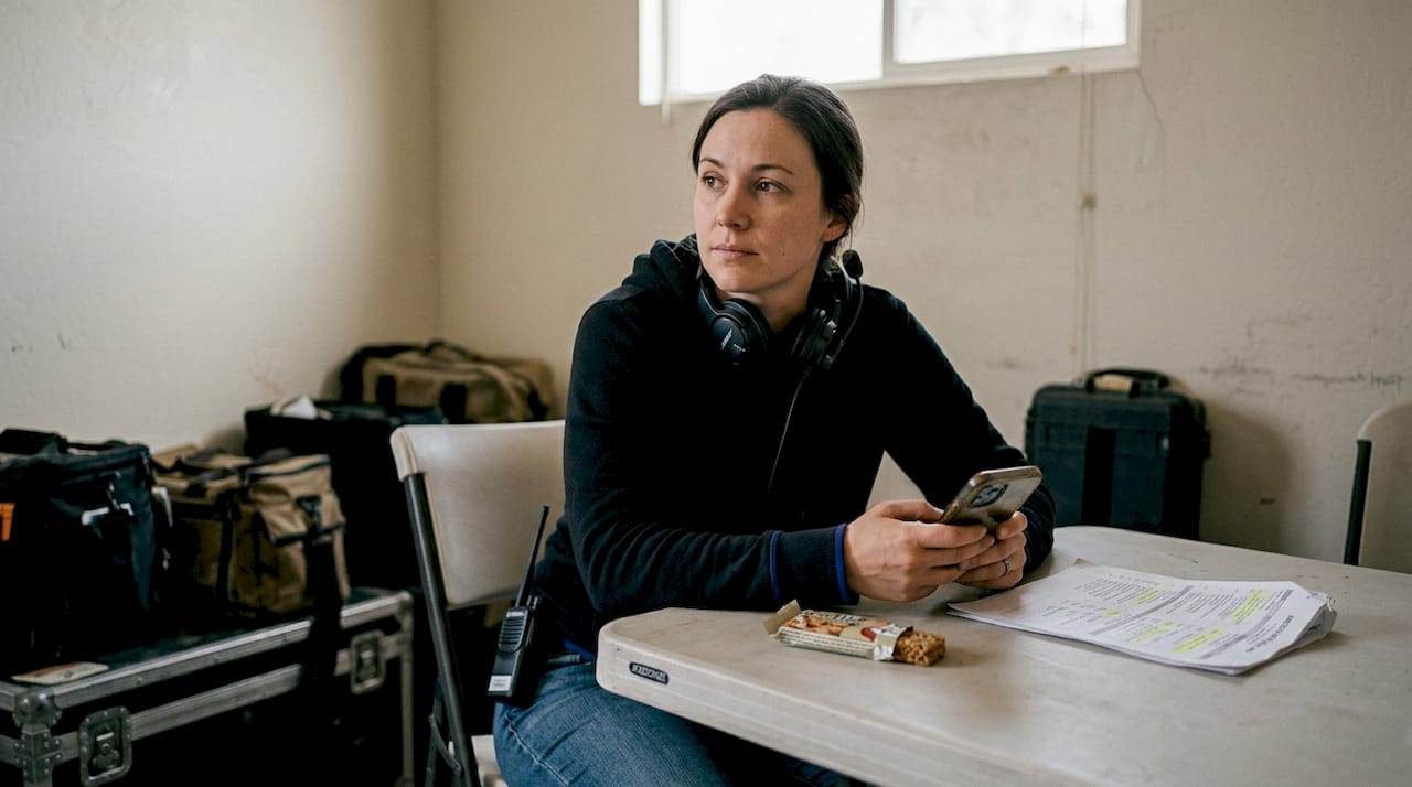 Freelance crew member in film set break area