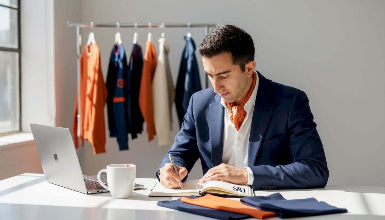 Fashion executive reviews contract in studio