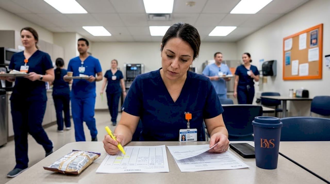Nurse checking timesheet in hospital break room