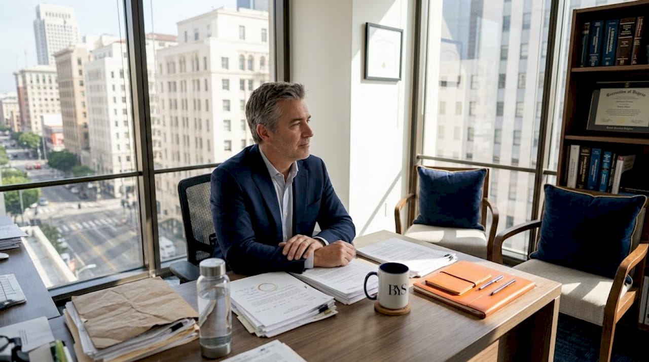 Downtown LA real estate agent in office