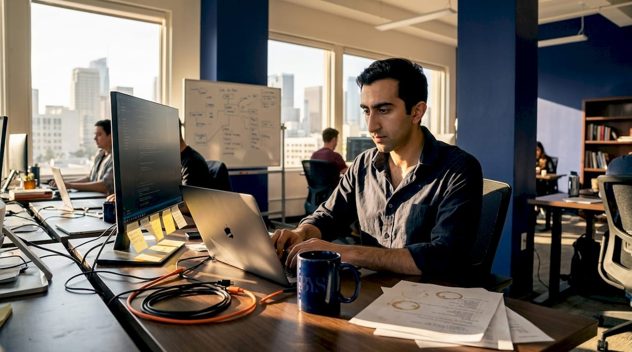 Developer reviewing code in LA startup office