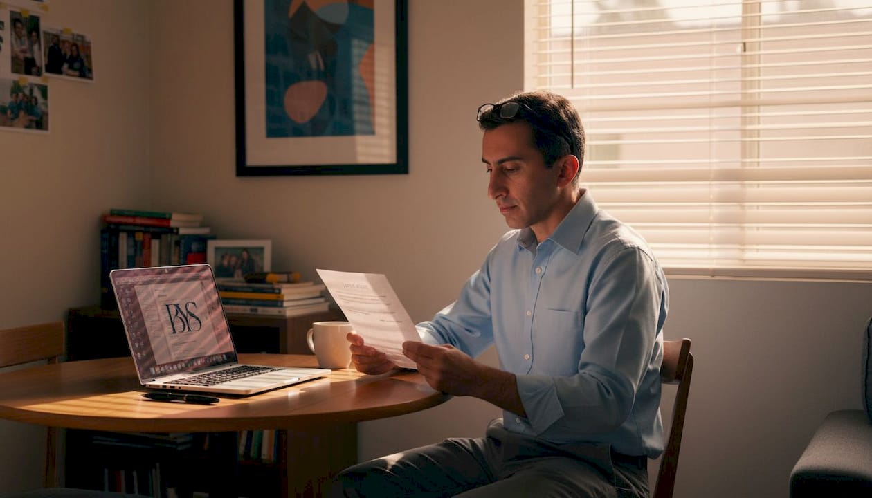 Man reviews layoff notice at kitchen table