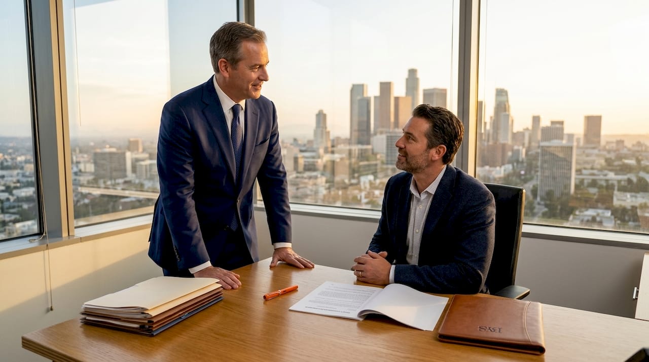 Attorney and executive discuss contract in sunlit office