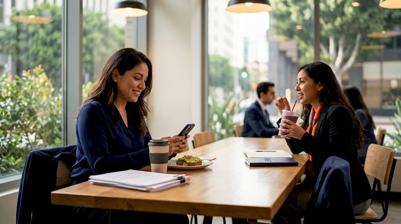 Downtown LA office worker eating lunch on break