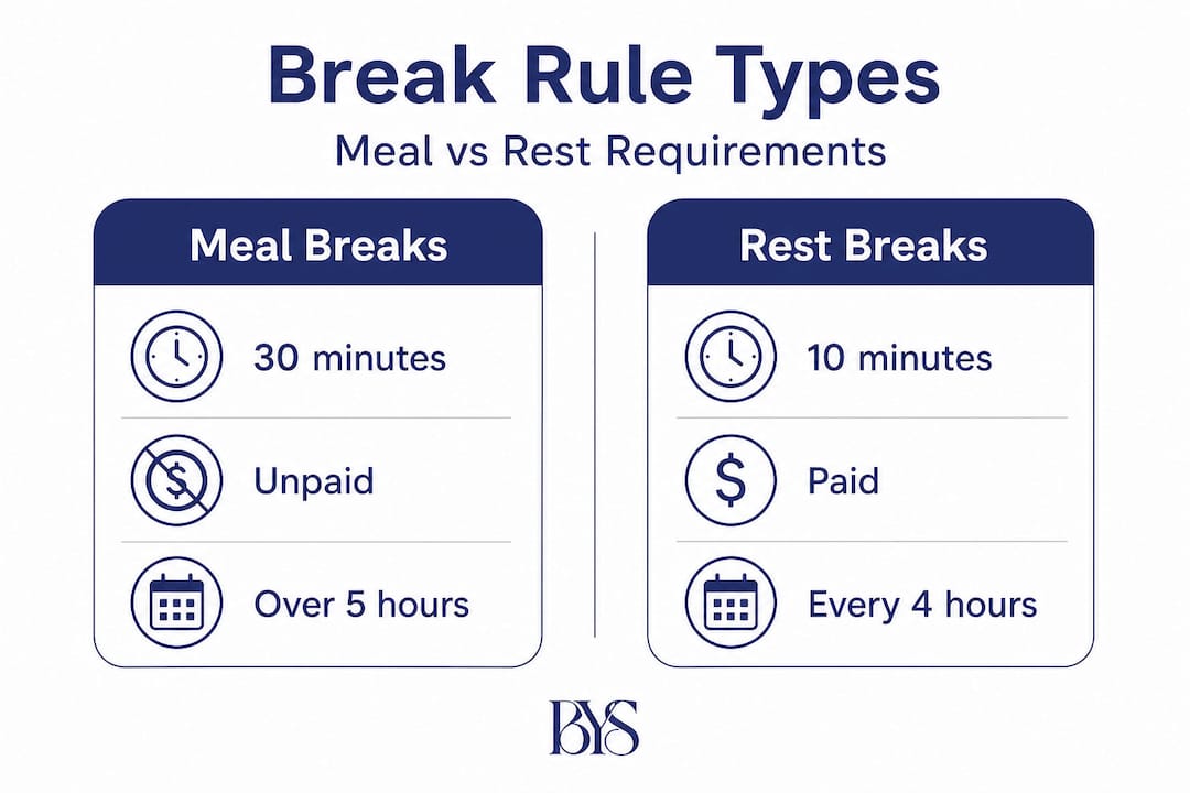 Infographic comparing meal and rest break rules