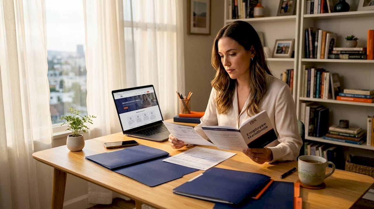 Woman checks paystub and employee handbook at office desk