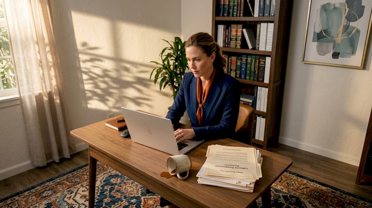 Woman reading remote work decision at home desk