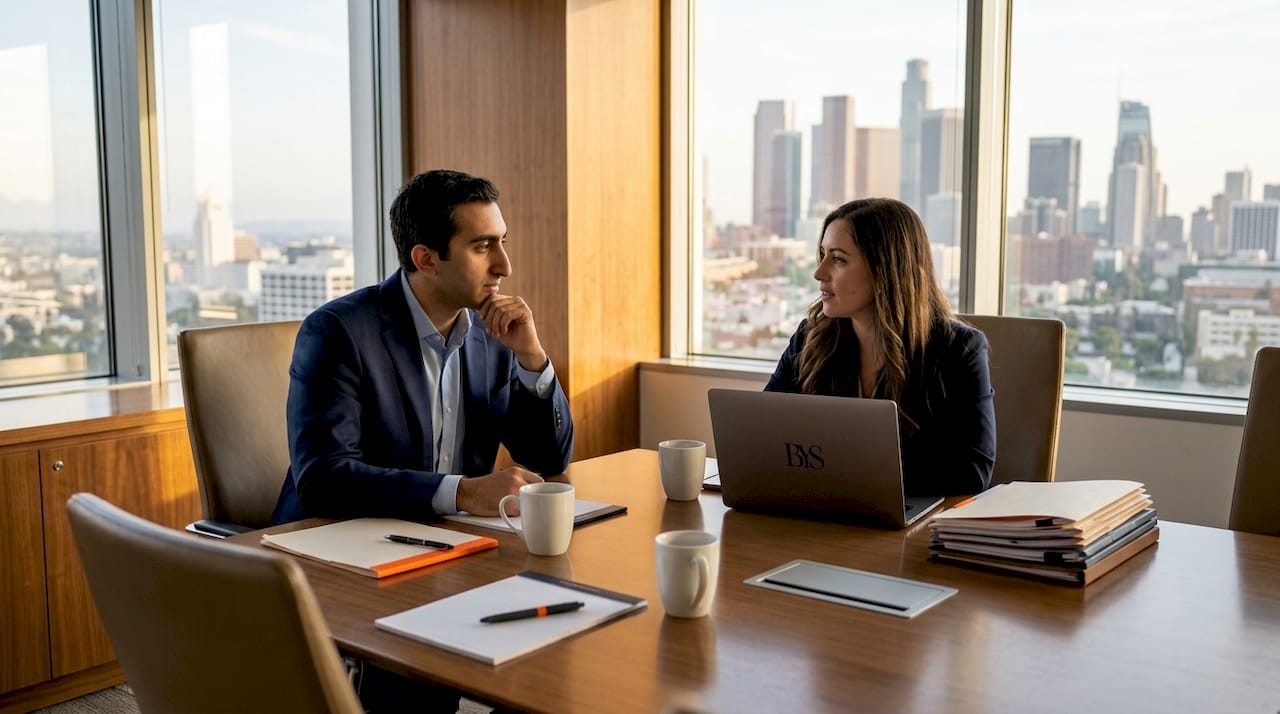 Employment lawyer consulting client in Los Angeles office