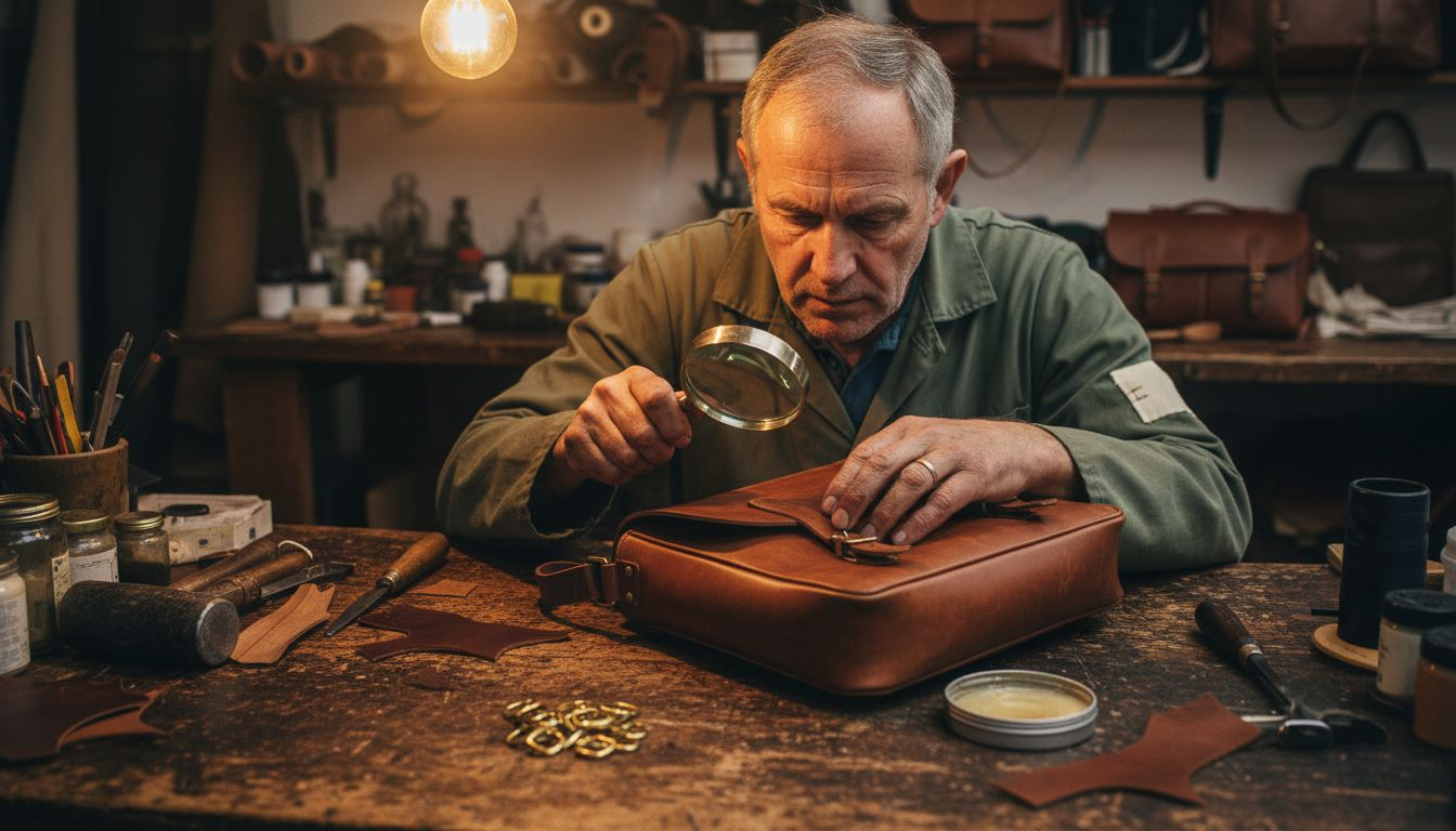 Leather bag artisan inspects detailed craftsmanship