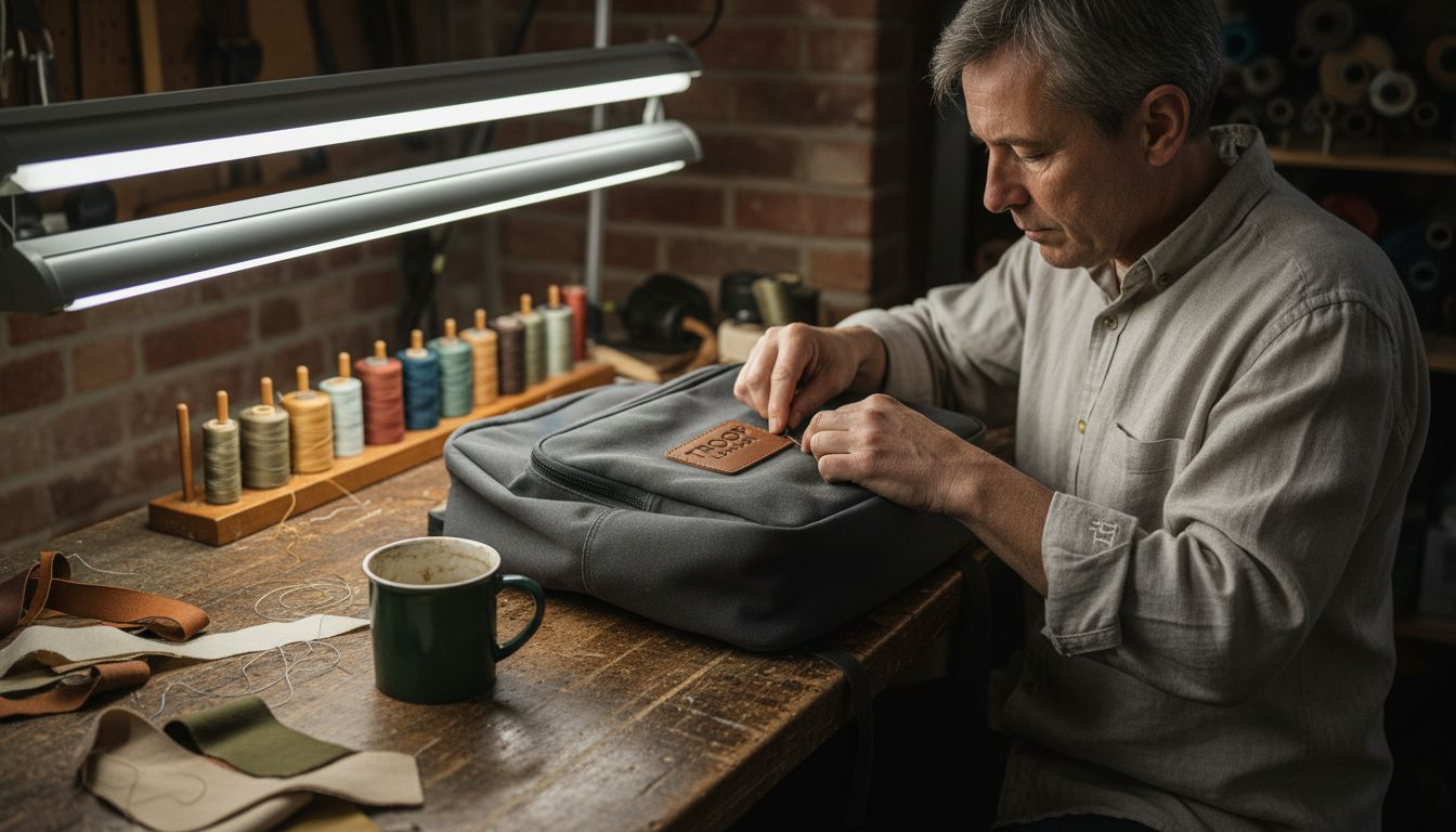 Artisan hand-stitching Troop London canvas backpack