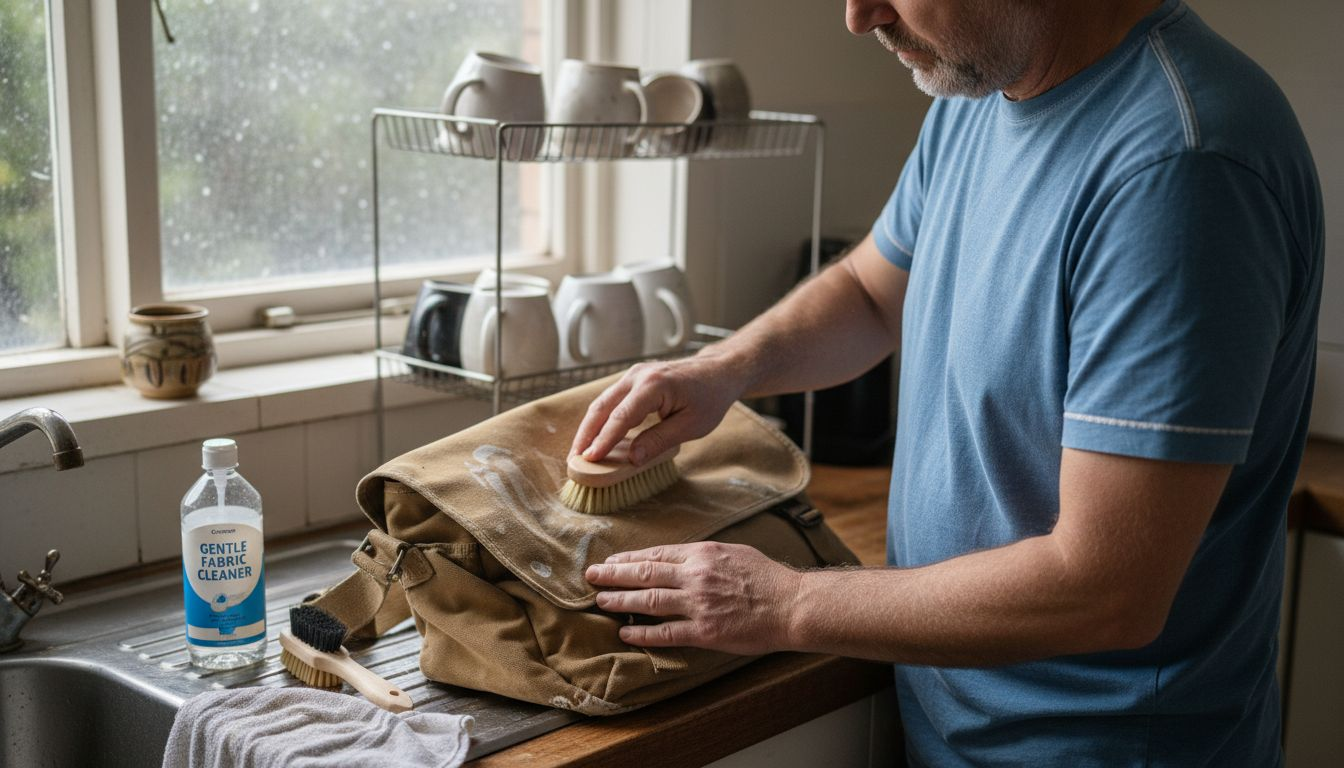 Man brushing dust from canvas messenger bag