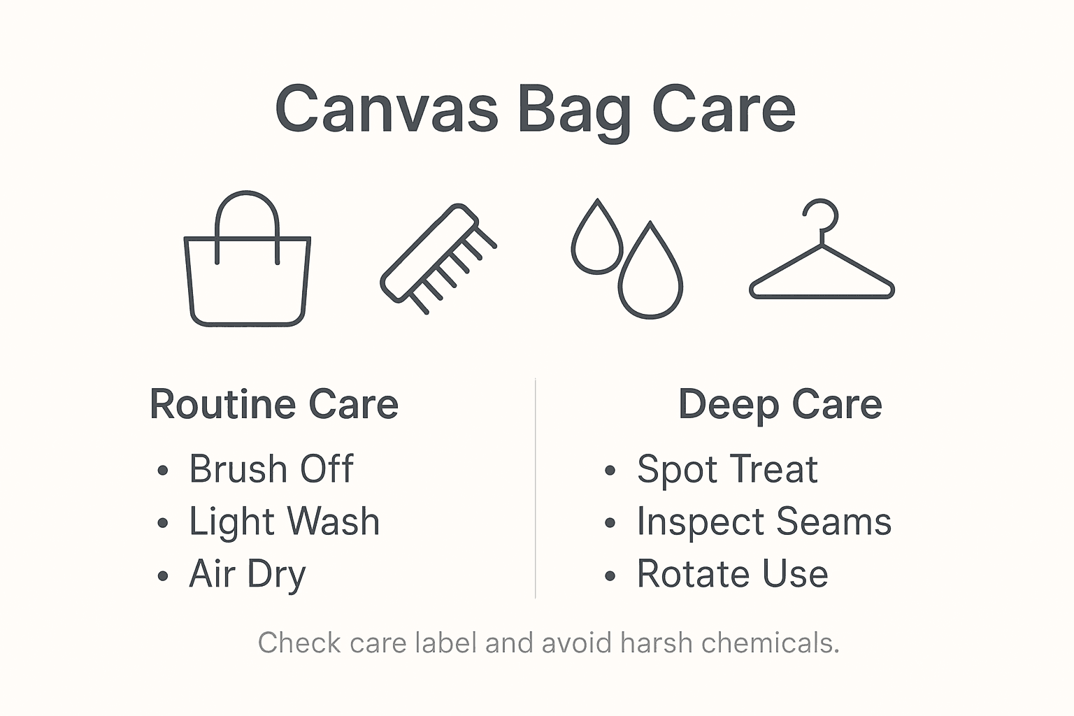 Infographic summarizing canvas bag care and maintenance
