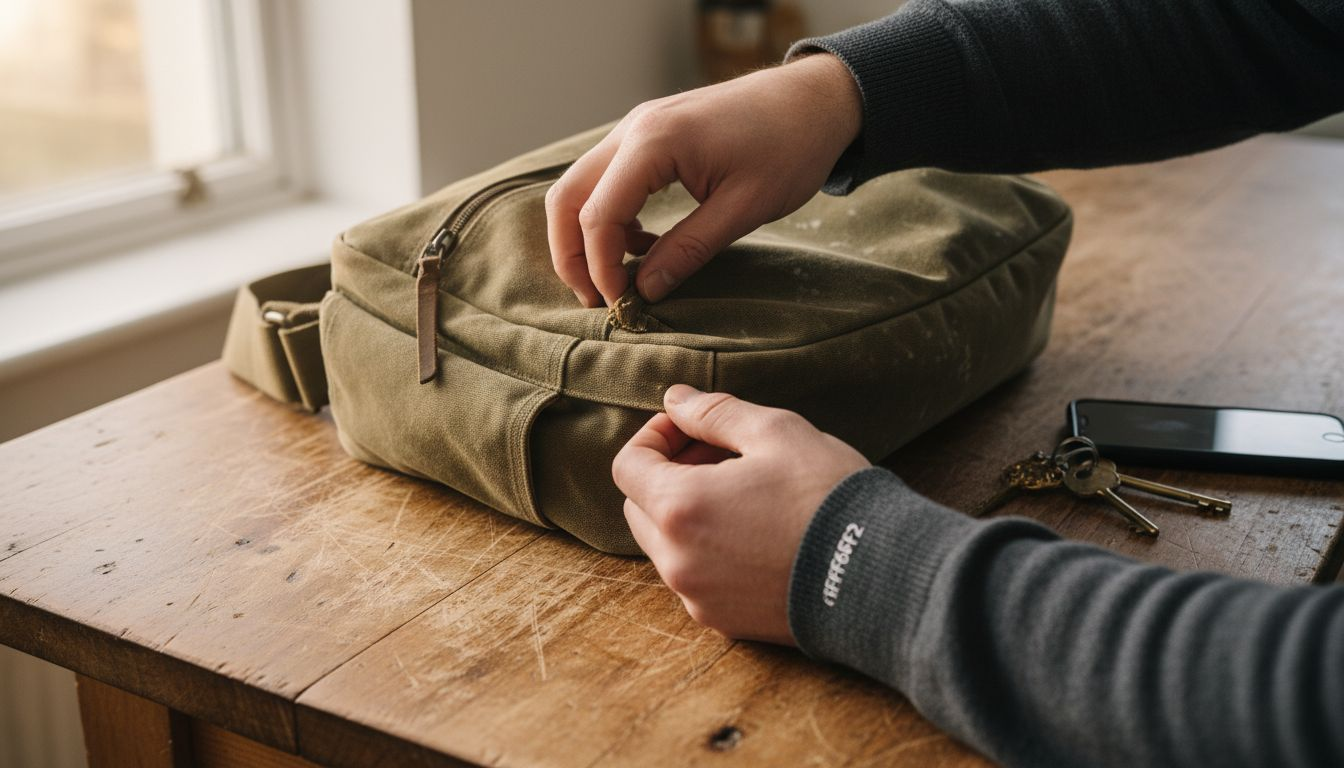 Inspecting reinforced stitching on canvas bag