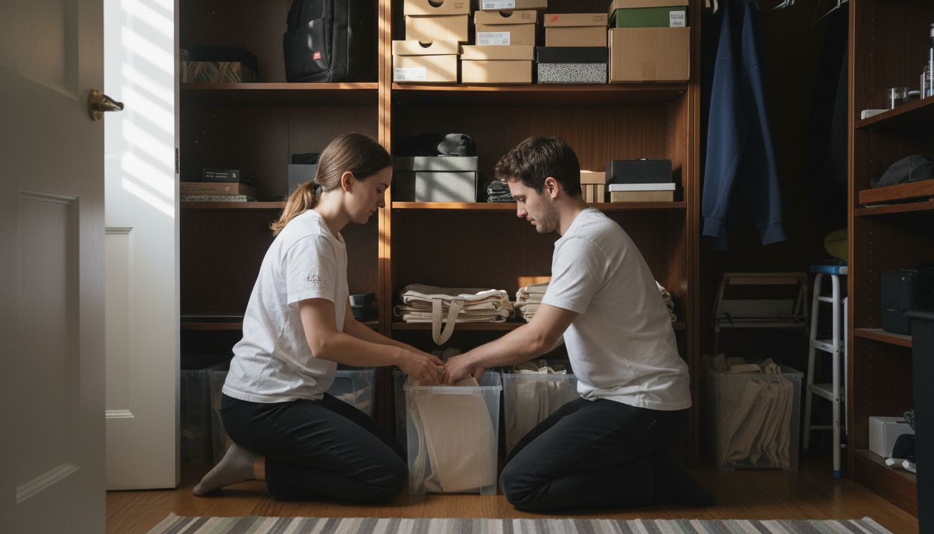Couple organising canvas bags on closet shelves
