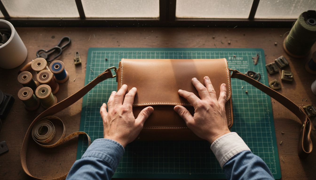 Craftsman inspecting messenger bag stitching details
