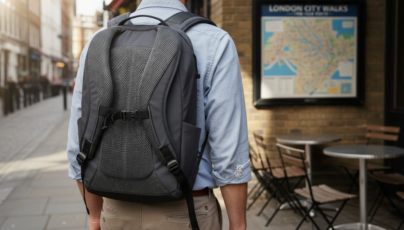 Detail of ergonomic backpack features in use