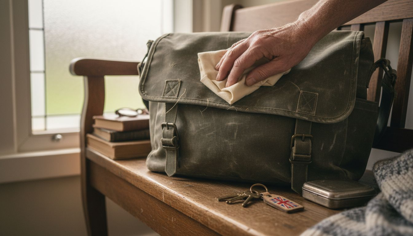 Detail of hand cleaning waxed canvas bag