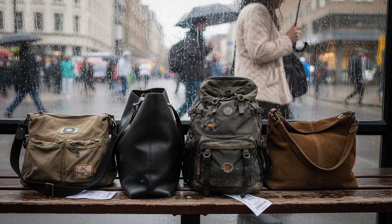 Four bag types at city bus shelter