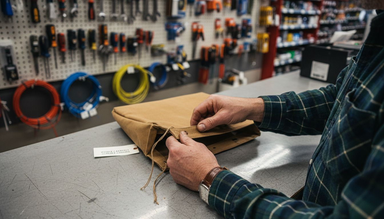 Man inspecting canvas bag material at counter