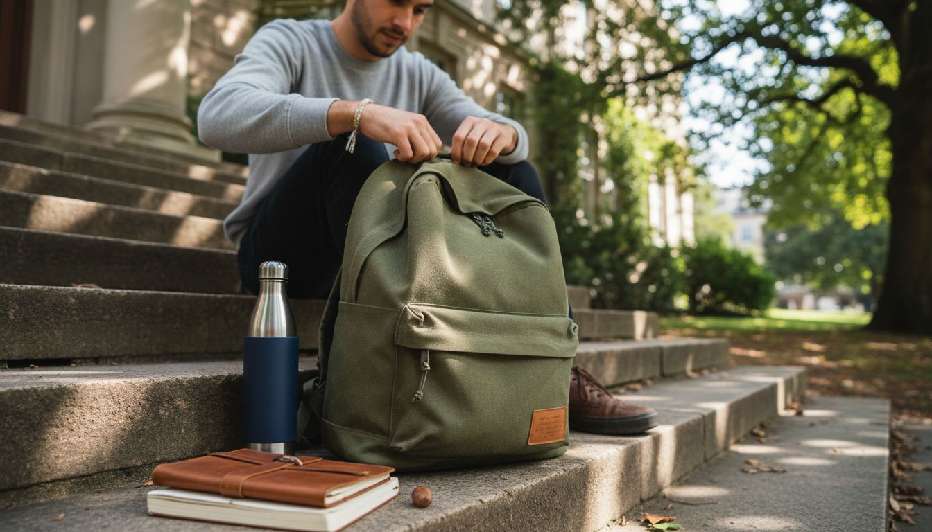 Man adjusts worn canvas backpack by library