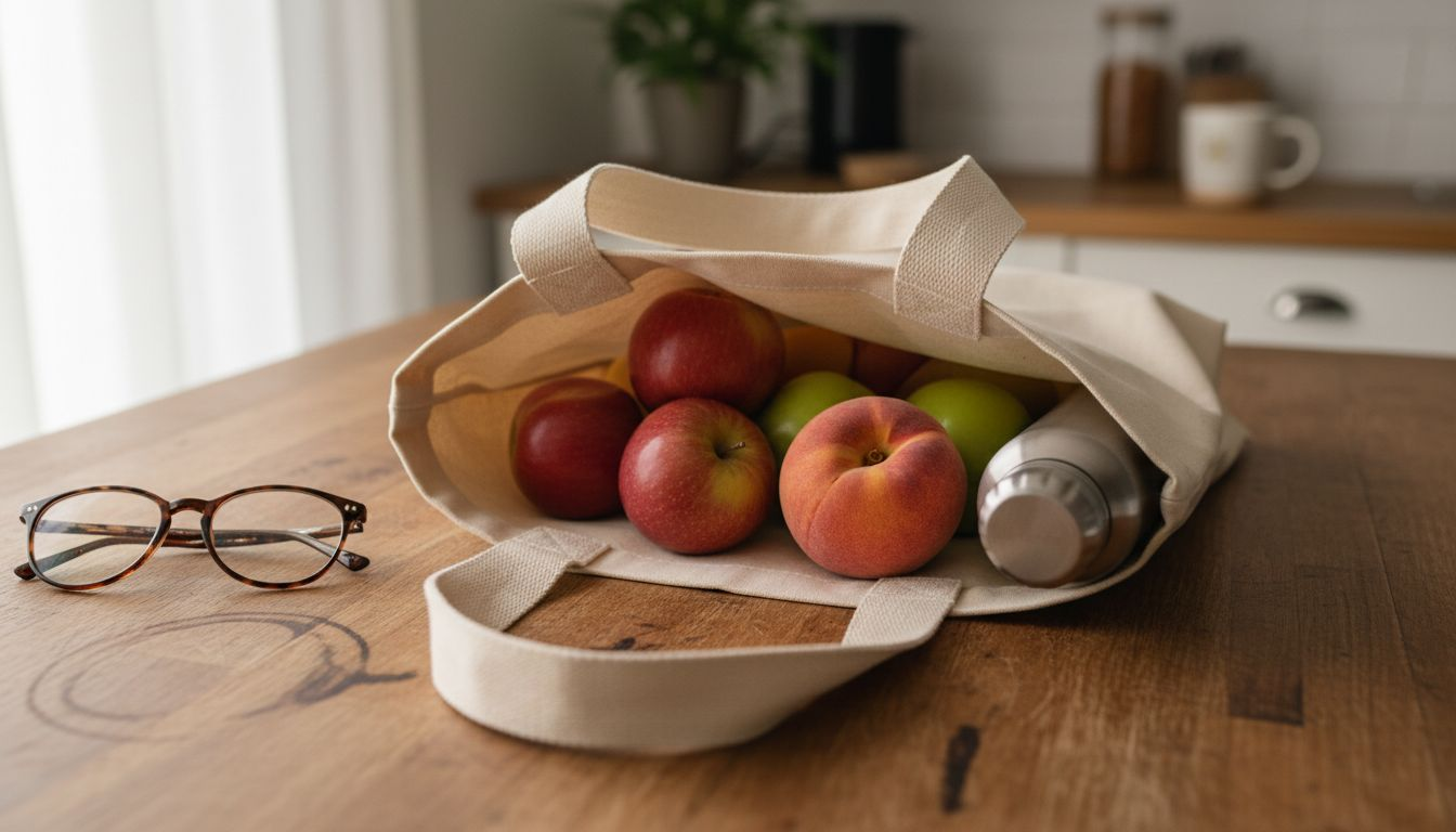 Close-up of canvas tote with groceries