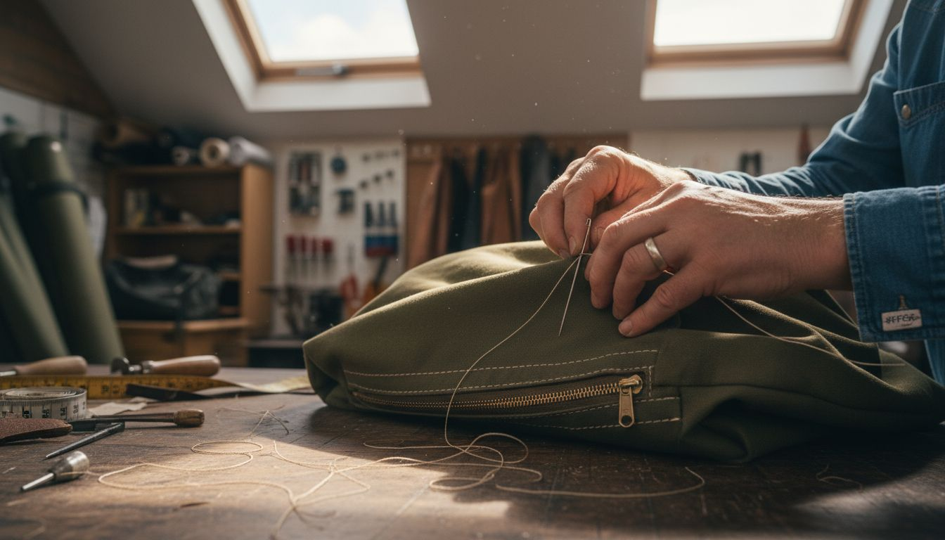Hands sewing durable canvas bag with detail