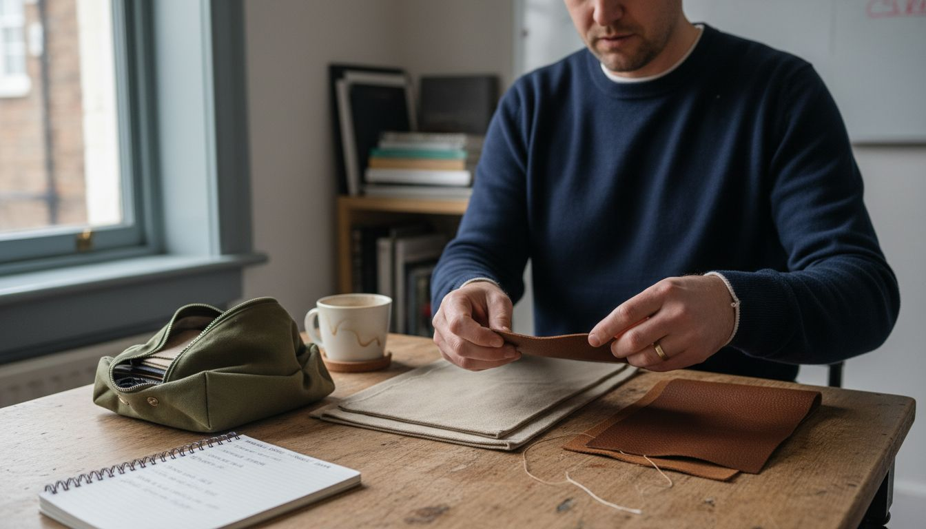 Inspector examining canvas and leather samples