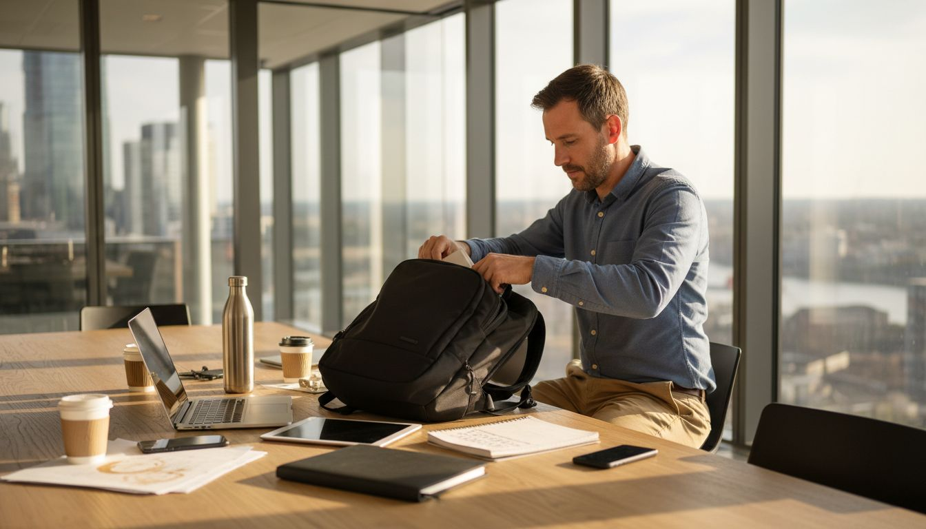 Office worker opening urban backpack at desk